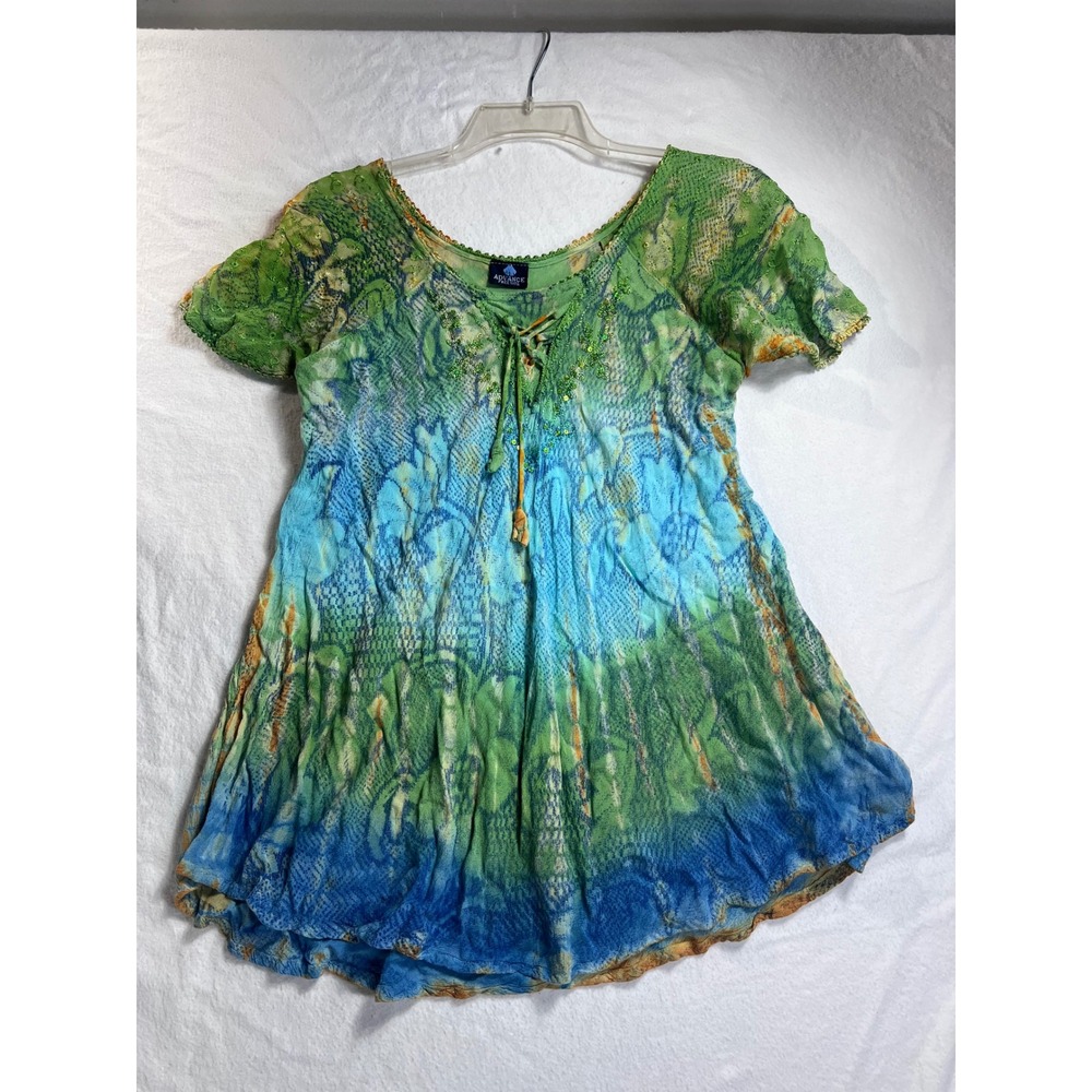 Advance Boho Tie Dye Snake Print Lace Up Tunic Top Green Blue Free Size